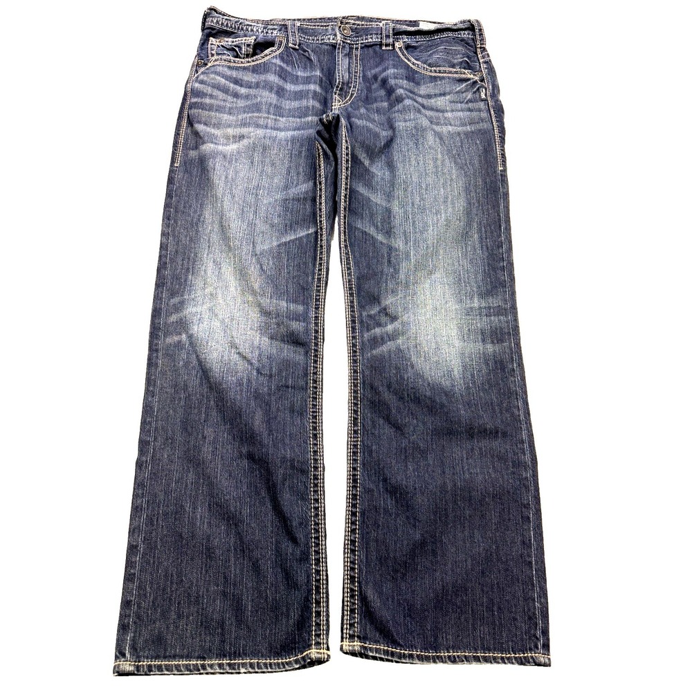 Silver Gordie Selvedge Jeans Men 38x32 Blue‎ Whisker Distressed Denim